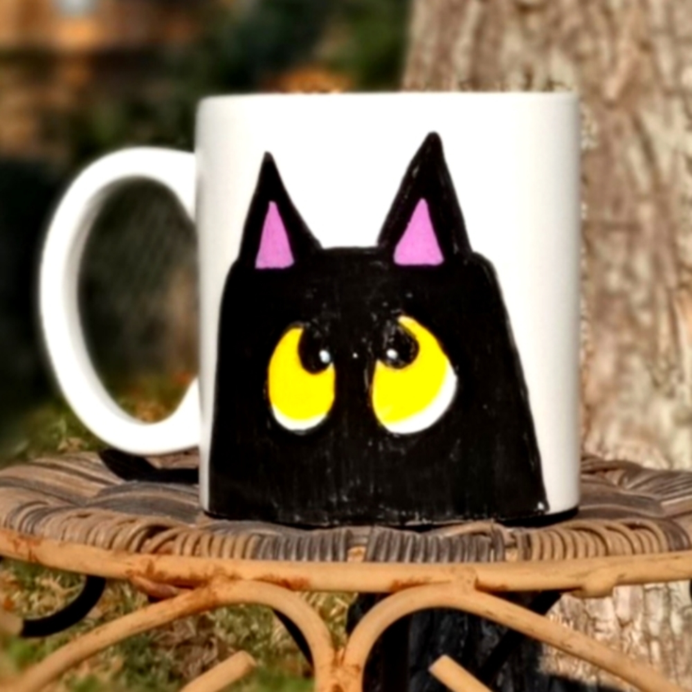 Handpainted Ceramic Extra Large White Mug with Black Cat